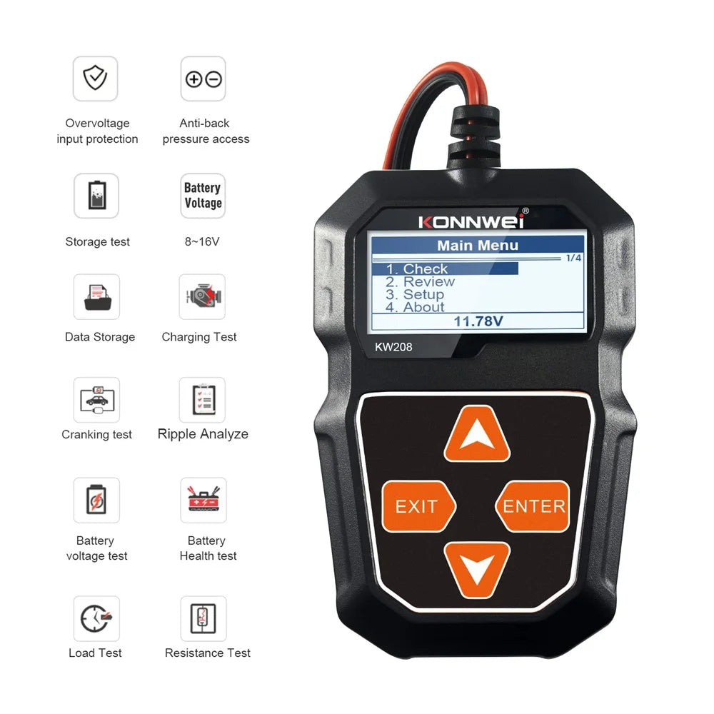 KONNWEI  KW208 Automotive Battery Tester Car Digital 12V 100-2000CCA Cranking Charging System Test Tool - 7