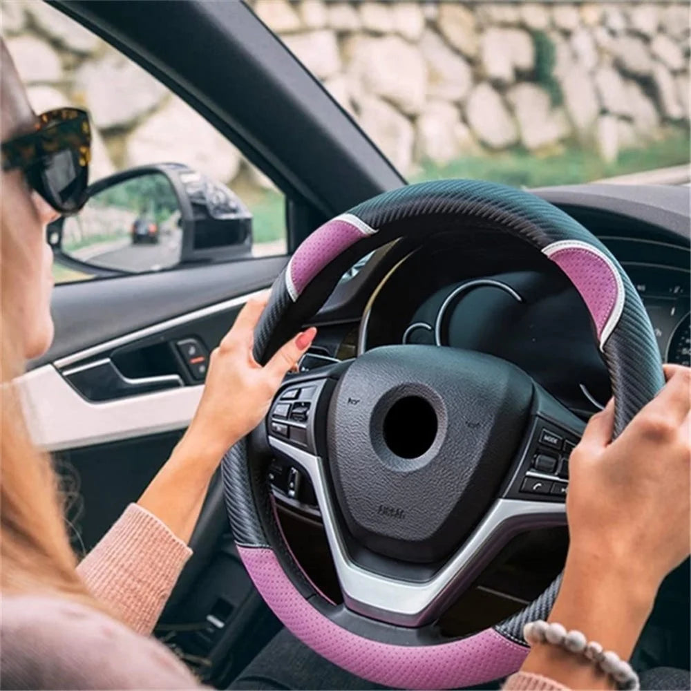 38cm Round Cute Rabbit Women Car Steering Wheel Cover Artificial Leather Anti-skid Steering Wheel Sleeve - Black+Rose - 3