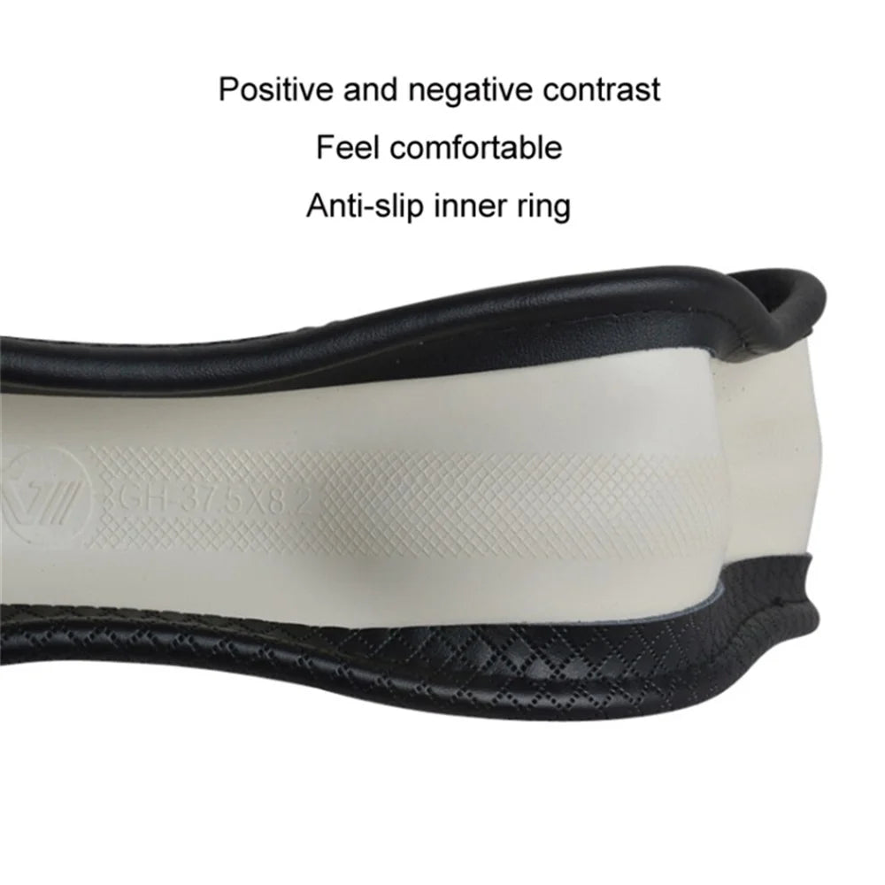 38cm Anti-Slip Embossing Genuine Cow Leather Car Steering Wheel Cover, D Type - Black+Red Edge - 4