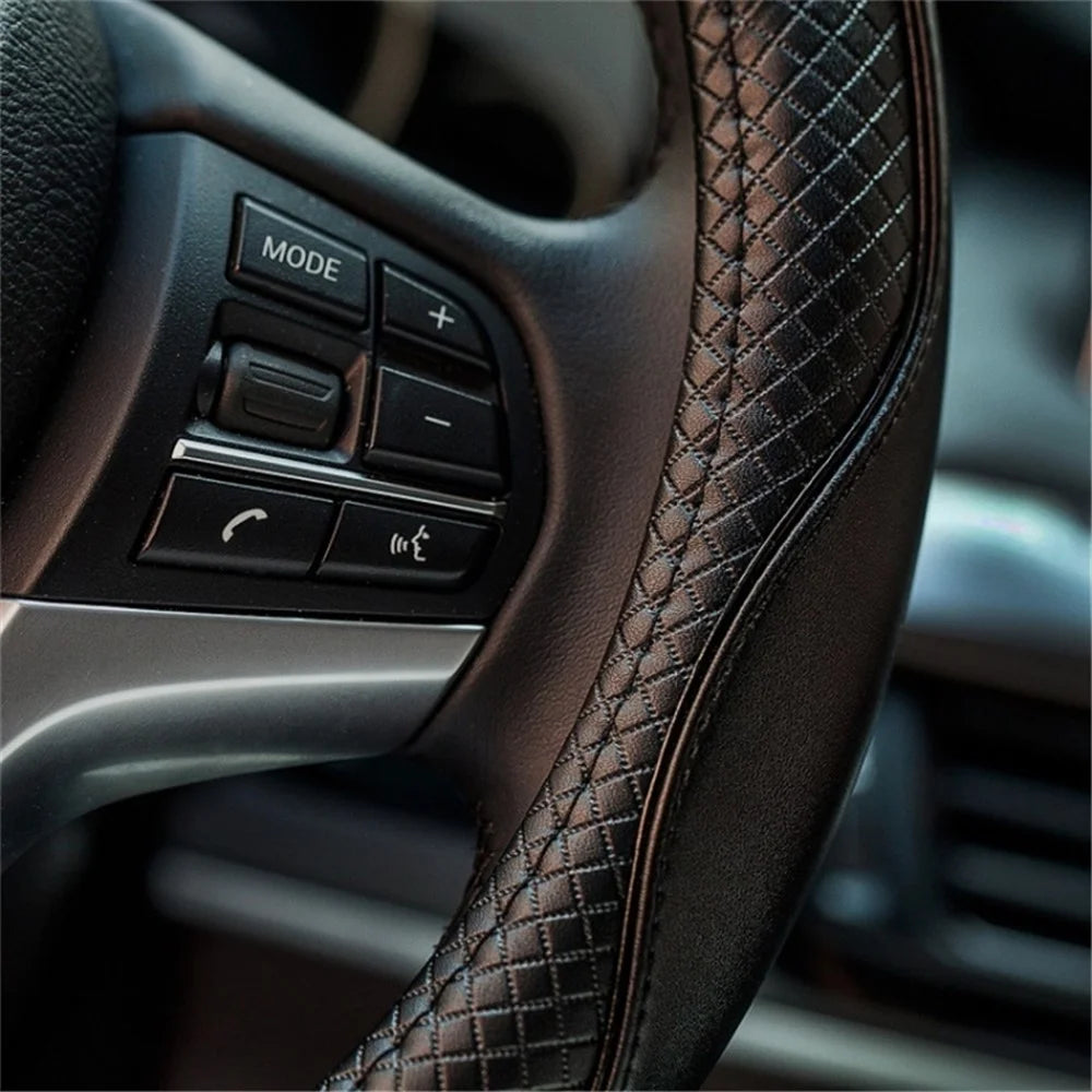 38cm Anti-Slip Embossing Genuine Cow Leather Car Steering Wheel Cover, D Type - Black+Red Edge - 5