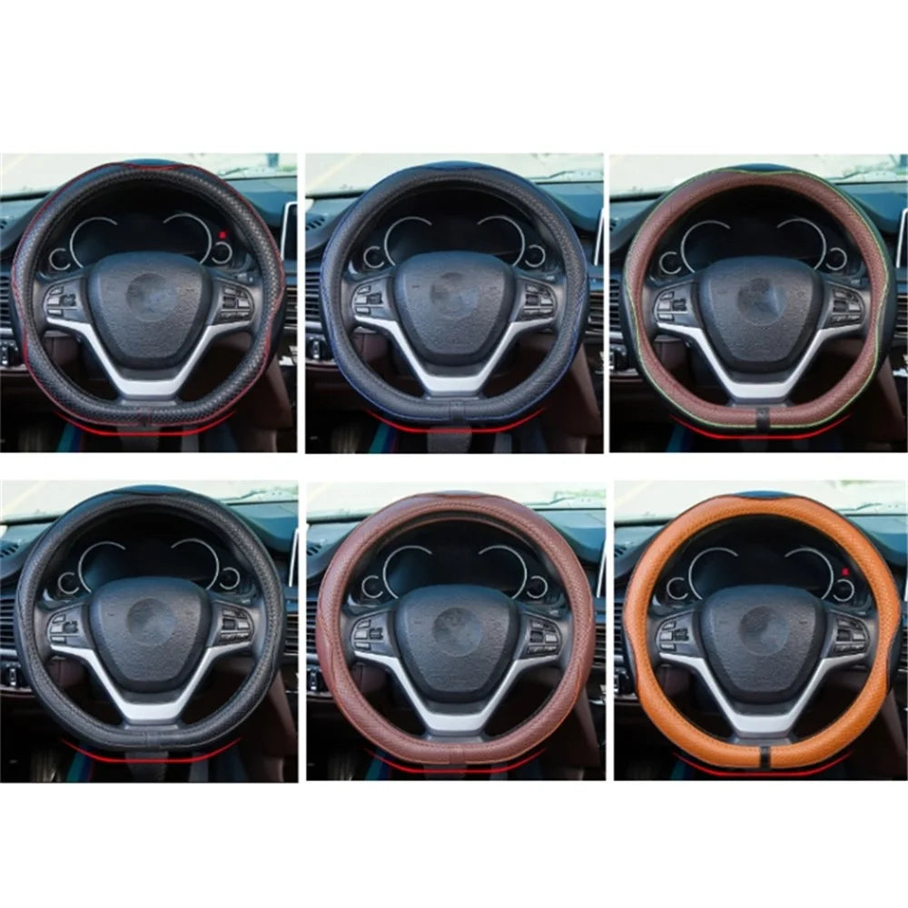 38cm Anti-Slip Embossing Genuine Cow Leather Car Steering Wheel Cover, D Type - Black+Red Edge - 6