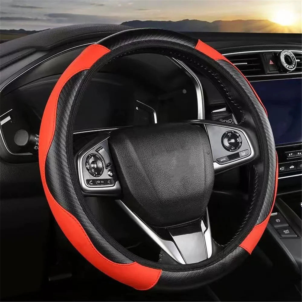 38cm Carbon Fiber Texture Car Steering Wheel Cover Leather Anti-skid Steering Wheel Sleeve - Red - 1