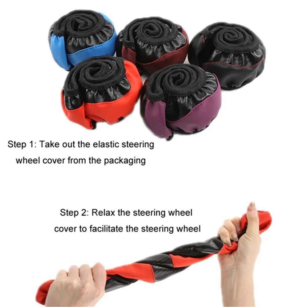 38cm Carbon Fiber Texture Car Steering Wheel Cover Leather Anti-skid Steering Wheel Sleeve - Red - 2