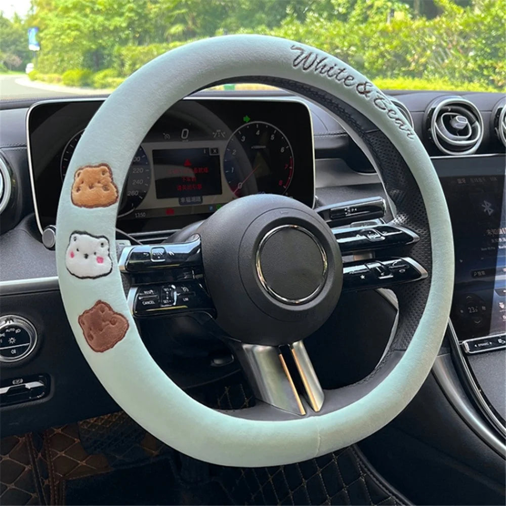 38cm Round Car Steering Wheel Cover Cartoon Bear Design Short Plush Warm Steering Wheel Sleeve - Green - 2