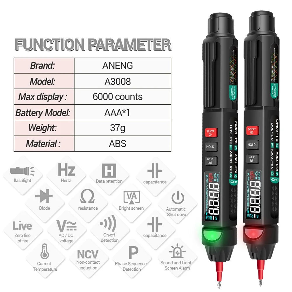 ANENG A3008 6000 Counts Voltage Meter Non Contact AC / DC LCD Display NCV Digital Multimeter Pen - 3