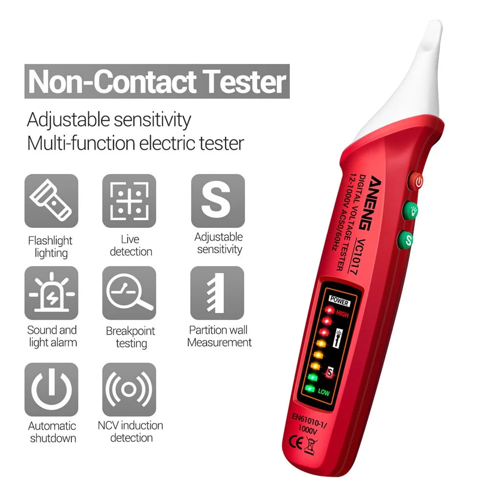 ANENG VC1017 12-1000V Non-contact Sound-light Tester Digital AC Voltage Meter Multimeter Pen - Red - 2