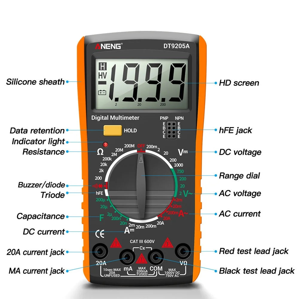 ANENG DT9205A Multifunctional HD Digital True RMS Multimeter AC/DC Voltage Meter - Orange - 7