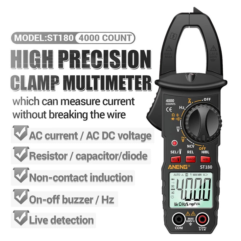 ANENG ST180 4000 Counts Digital Clamp Meter AC Current Multimeter Ammeter Voltage Tester - Black - 2