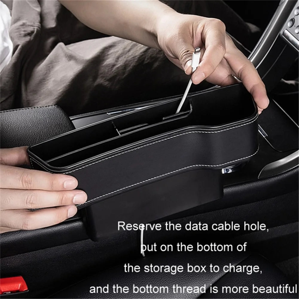 Passenger Side Car Front Seat Seam Storage Box Car Seat Gap Phone Drink Can Organizer - Black / Leather Material - 3