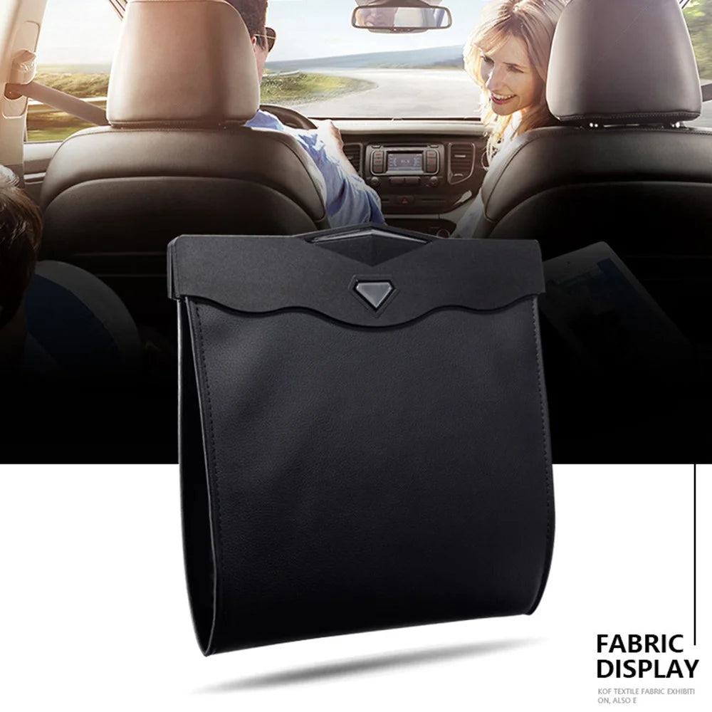Magnetic Closure Garbage Bag Vehicle Rubbish Container PU Leather+PC Car Trash Bag with LED Light - Black - 2