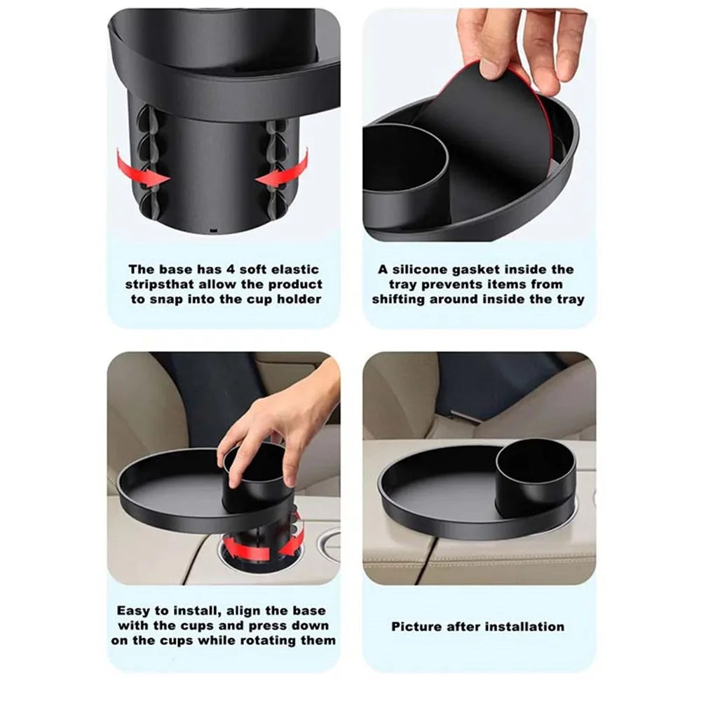SD-1043 Multi-function Organizer Table Car Cup Holder Expander with Rotating Tray - Black - 6