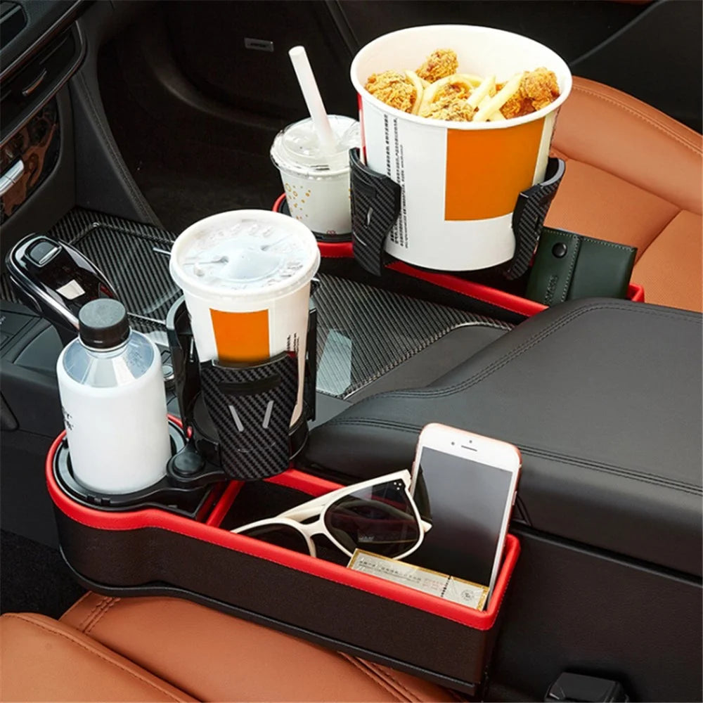 ABS+PU Leather Auto Crevice Storage Organizer Box Car Seat Gap Filler Cup Holder, Front Passenger Side - Black+Red - 2