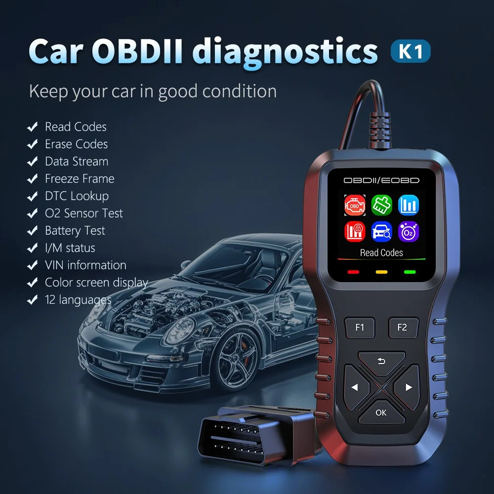 K1 Car OBD2 Diagnostic Scanner Color LCD Display 36600 Engine Codes Clear Tool Real Time Data Stream - Black - 2