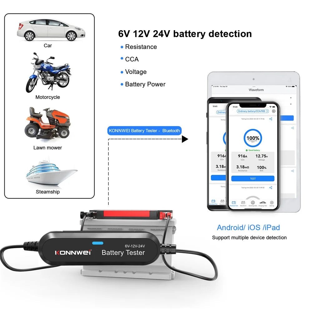 KONNWEI BK200 Multi-Function Bluetooth-compatible Battery Tester for Car Truck Motorcycle SUV Boat Yacht 6V 12V 24V Battery Tester - Black - 4