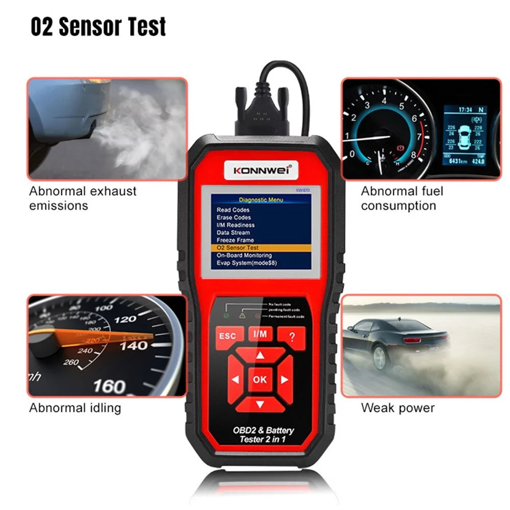 KONNWEI KW870 Car OBD 2 Diagnostic Tools Scanner, Battery Tester 2-in-1 Car Multi-Function Detector for 12V Batteries - 6