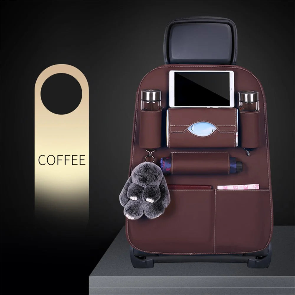 Car Back Seat Organizer Storage Bag with Tissue Box Tablet/Umbrella/Water Bottle Holder - Coffee - 2