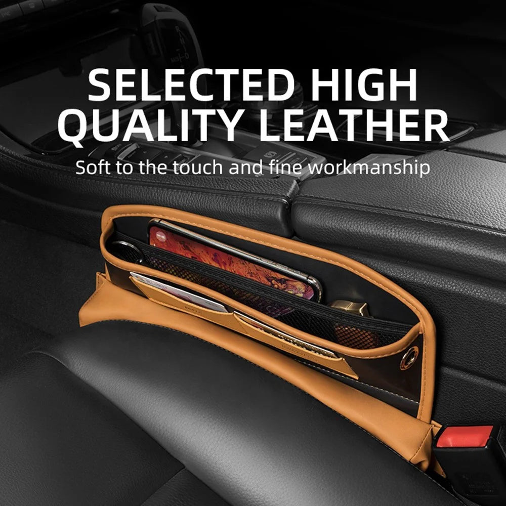 QUEES Car Seat Side Gap Storage Bag Organizer PU Leather Slit Pocket Filler - Khaki - 7