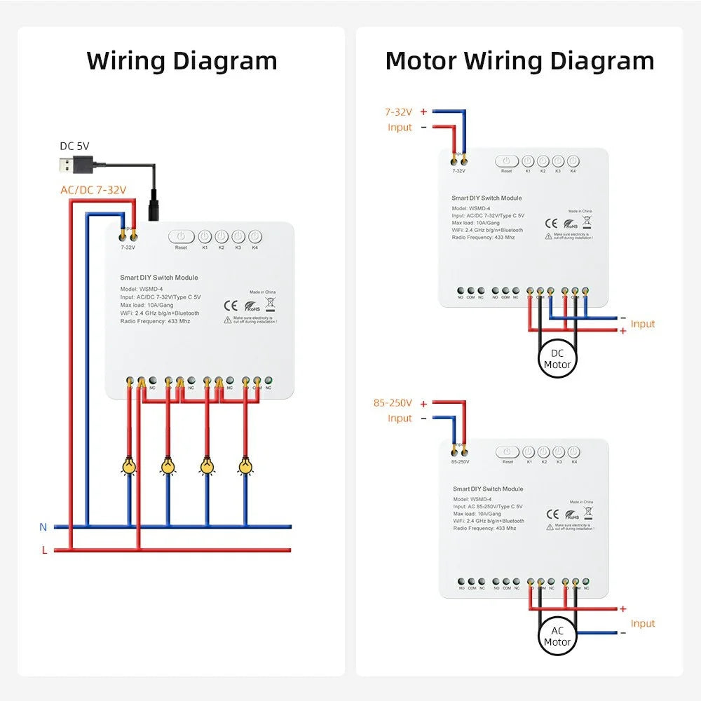 WSMD-4 Tuya Smart WiFi + RF 4 Channel Relay Smart Dly Switch Module for Home  /  Garage Door - AC  /  DC 7-32V - 3