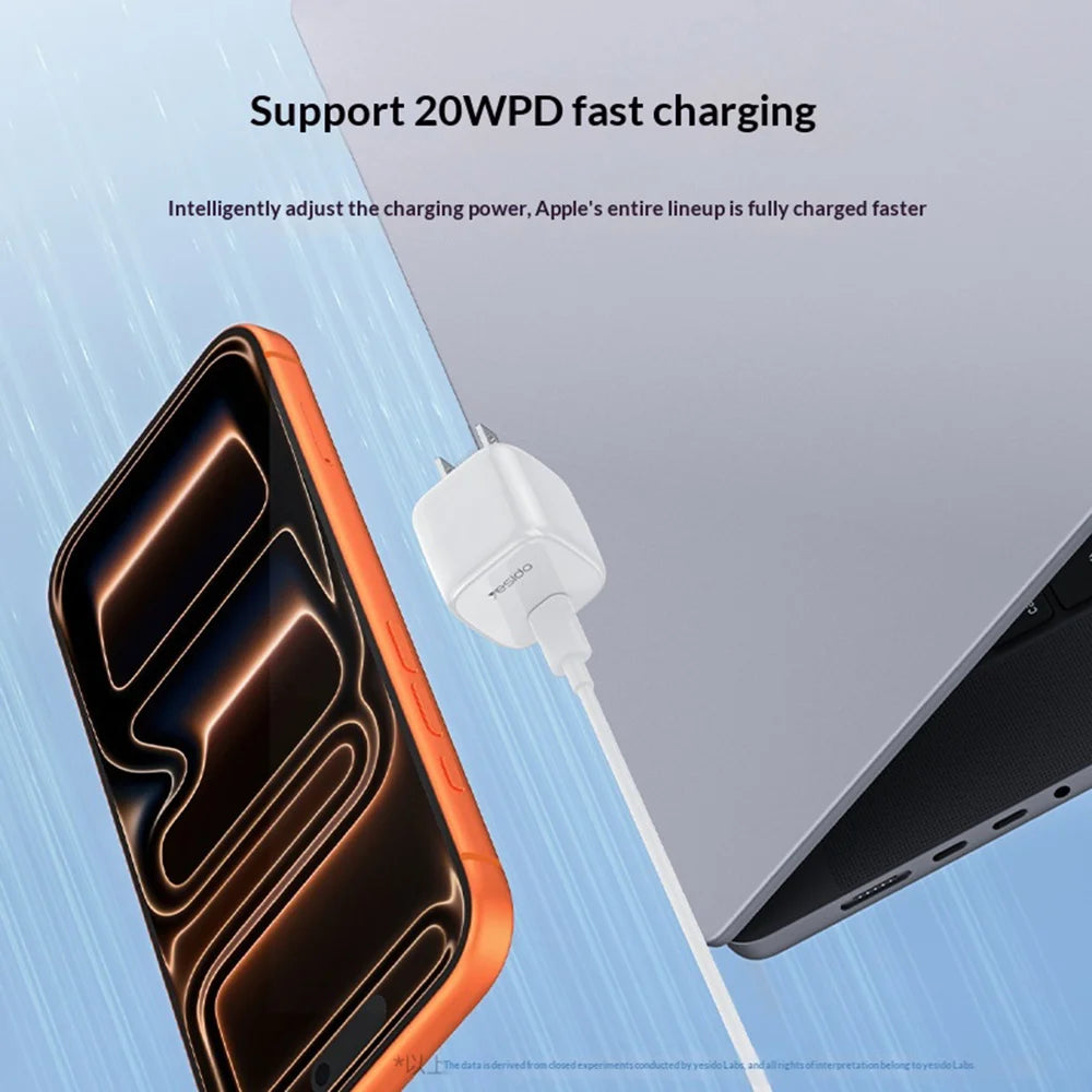 YESIDO YC15U PD 20W Fast Charging USB-C Single Port Charger Mini Cube GaN Power Adapter - White/US Plug - 2