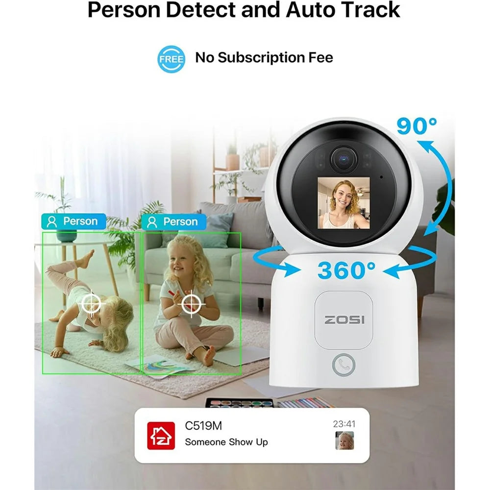 ZOSI C519M 4MP Smart WiFi Security Camera 360 Degree Pan 90 Degree Tilt 1.44 Inch Screen Two-way Video Call Person Detection Night Vision Safety Camera for Home Baby Pet Monitor - White - 4