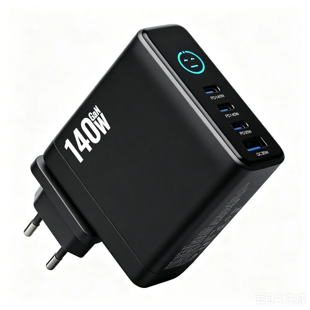 140W GaN Wall Charger with TFT Display 3 USB-C + 1 USB-A Fast Charging Power Adapter, EU Plug - Black - 2