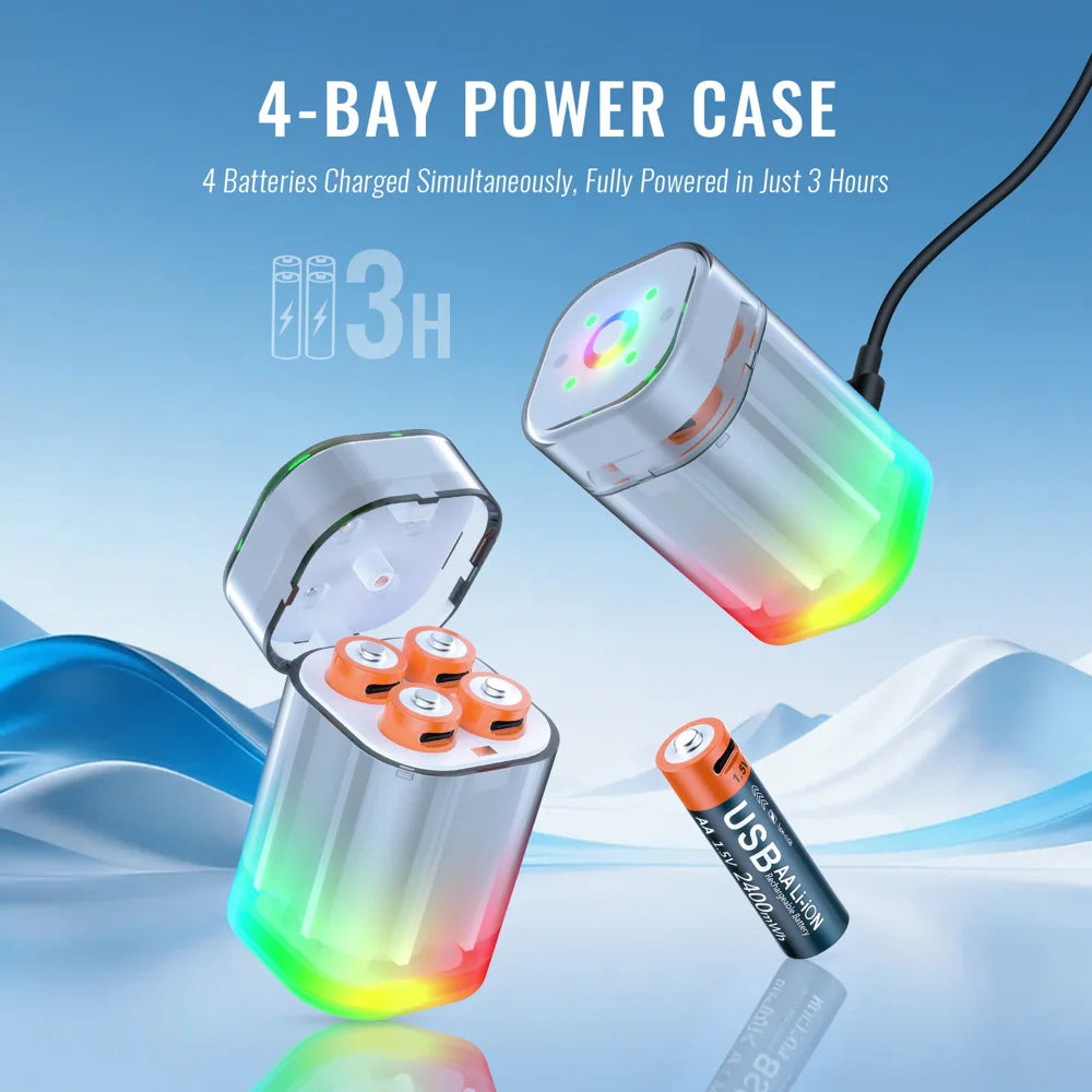 JYS-X160 RGB Lighting 4-Slot Battery Charging Station with 4Pcs 1600mAh AA Lithium Batteries for VR Controllers - White - 3