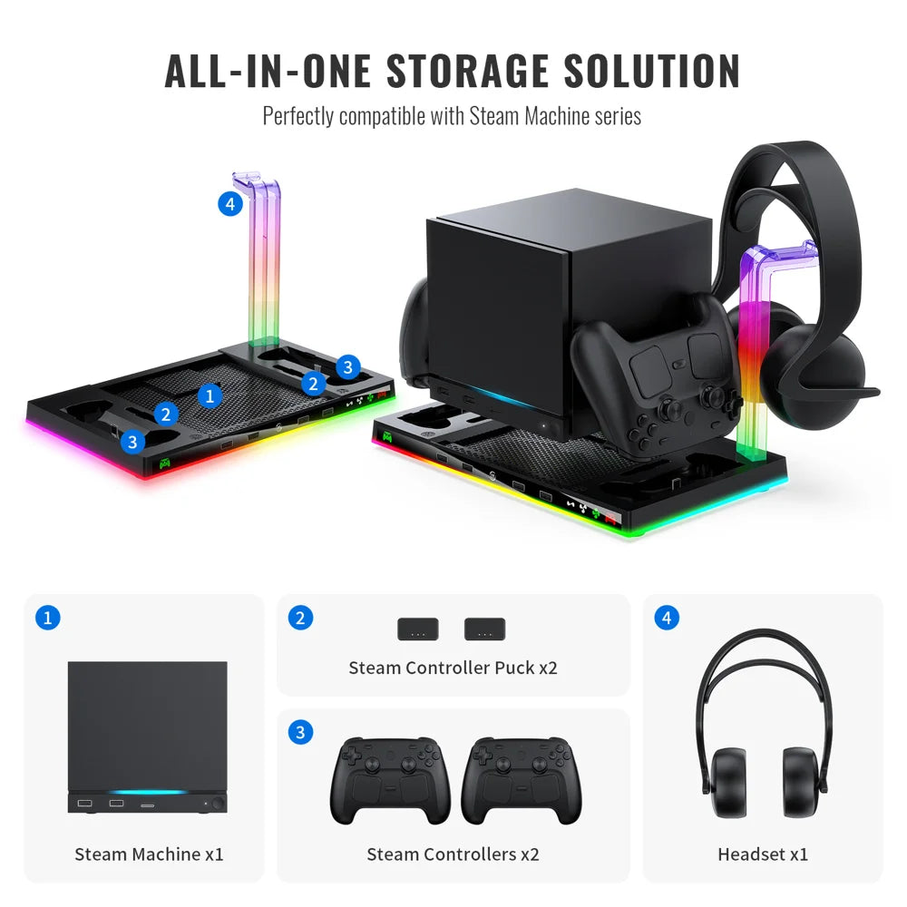 JYS-SDM003 For Steam Machine/Steam Controller Multi-function Charging Dock Headset Storage RGB Cooling Fan Stand - Black - 3