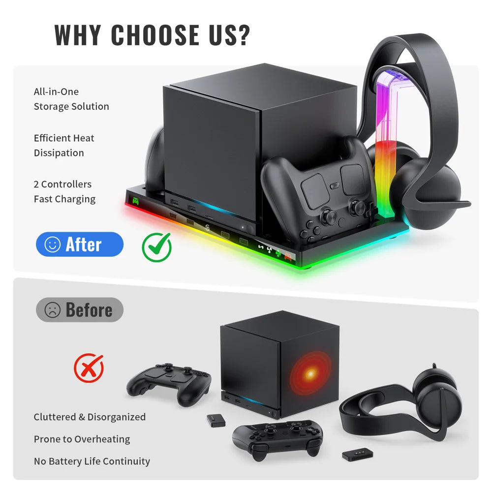 JYS-SDM003 For Steam Machine/Steam Controller Multi-function Charging Dock Headset Storage RGB Cooling Fan Stand - Black - 4