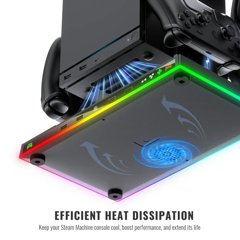 JYS-SDM003 For Steam Machine/Steam Controller Multi-function Charging Dock Headset Storage RGB Cooling Fan Stand - Black - 5