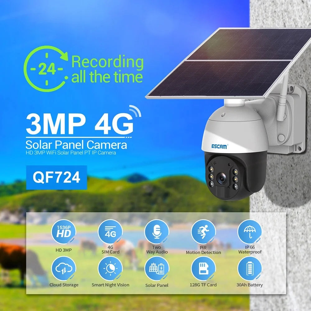 ESCAM QF724 Solar Power 3.0MP Camera Two-Way Audio Talk PIR Night Vision Surveillance PT Camera (EU Version) - 2