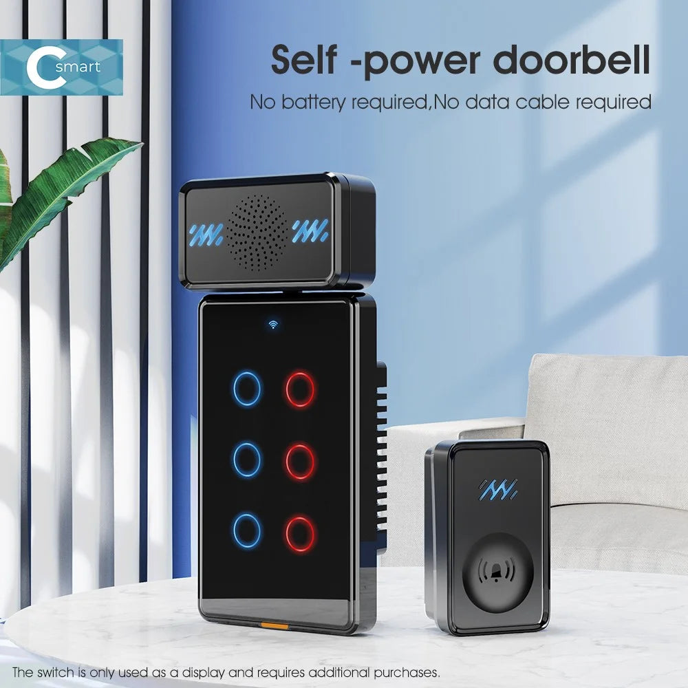Smart Self-powered Wireless Doorbell 4-Gear Volume Waterproof Door Bell, 2 Receiver + 1 Button (CE is applying) - Black - 2
