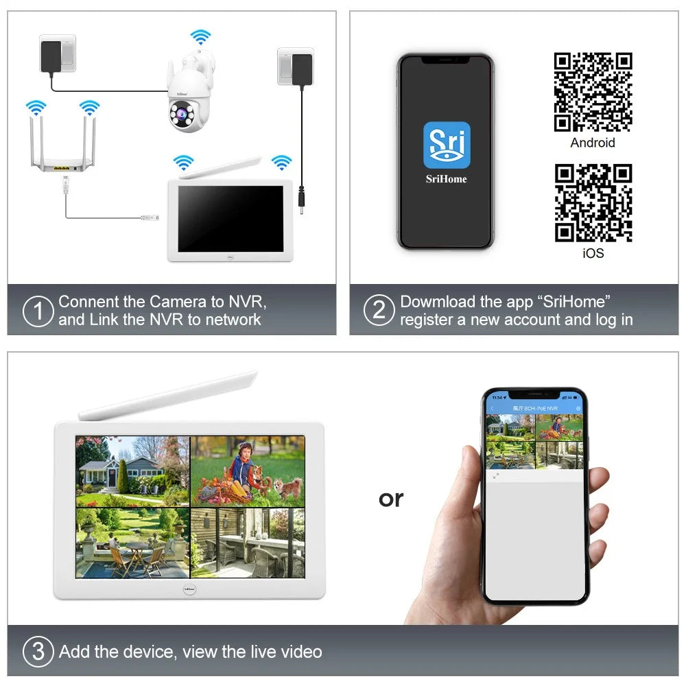 SRIHOME NVS009+IPC059 10.1 Inch LCD Screen 5MP HD 8CH Motion Detection WiFi CCTV Camera NVR Kit - US Plug - 3