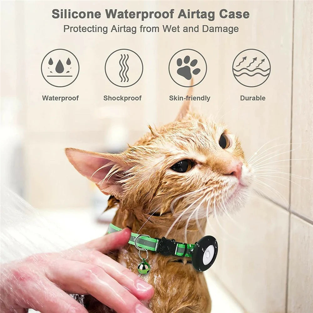 For Airtag Cat Collar with Bell Adjustable Safety Buckle Reflective Nylon Pet Collar with Silicone Case - Green - 2