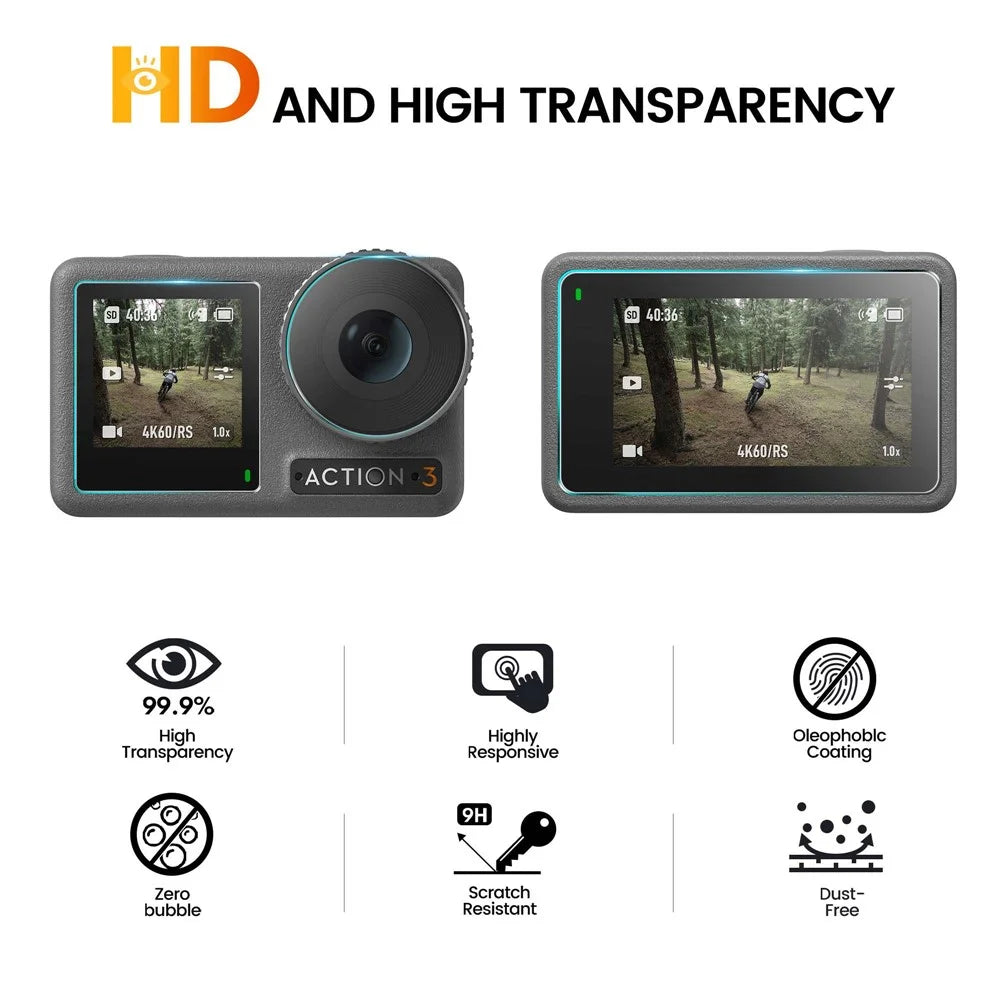 STARTRC 2 Set Protective Film for DJI Osmo Action 3, High Hardness Anti-explosion Tempered Glass Camera Lens + Main Screen + Front Screen Protector - 2