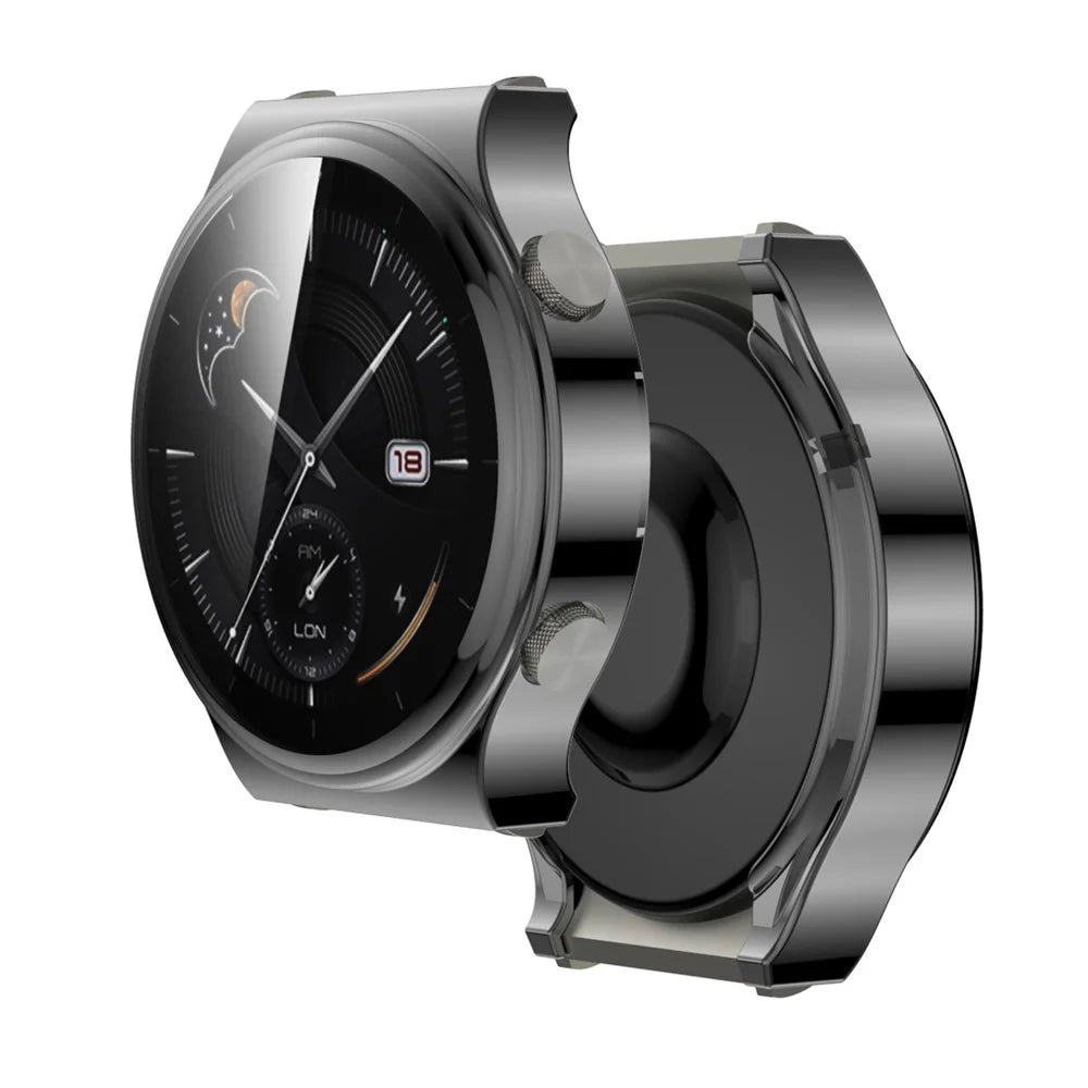 Tempered Glass Screen Protector Electroplated TPU Frame Case for Huawei Watch GT 2 Pro / Classic / Sport - Grey - 2