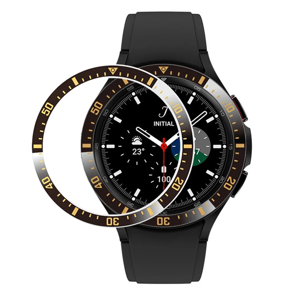 For Samsung Galaxy Watch4 Classic 46mm Metal Bezel Ring Anti-Scratch Bezel Loop Adhesive Cover (Type A) - Black / Gold Characters - 1