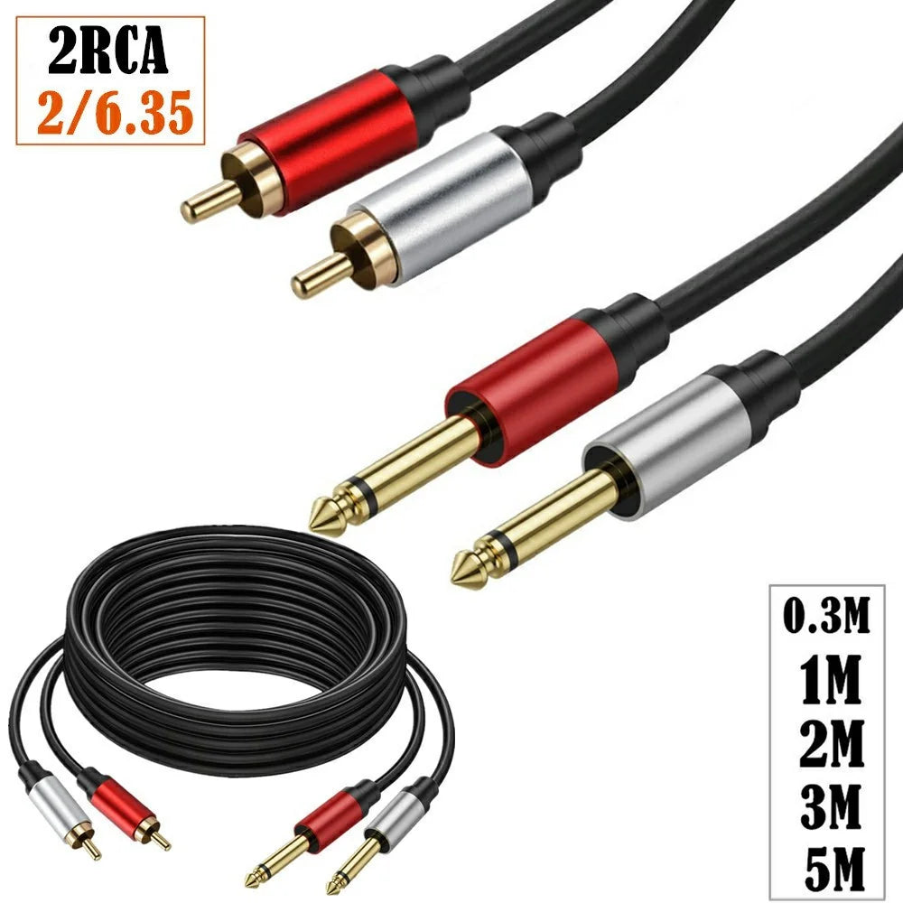 0.3m Dual 1 / 4 inch TS to Dual RCA Stereo Audio Cable 2x 6.35mm TS to RCA Male Adapter Wire - 3