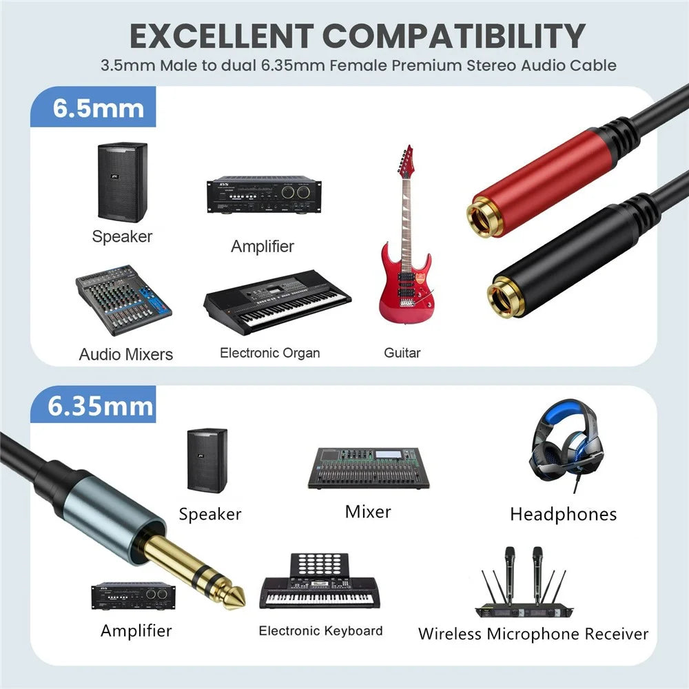 0.3m 1 / 4 Inch TRS Stereo Splitter Y Cable 6.35mm Stereo Male Plug to Dual 6.35mm Female Jack Wire - 5
