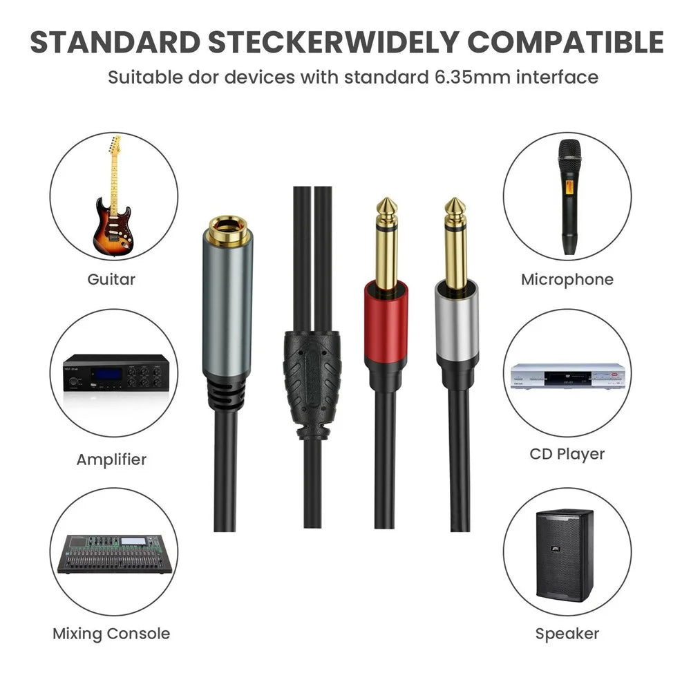 1m 6.35mm TRS Stereo Female to Dual 6.35mm Male TS Mono Jack Audio Speaker Splitter Cable - 6
