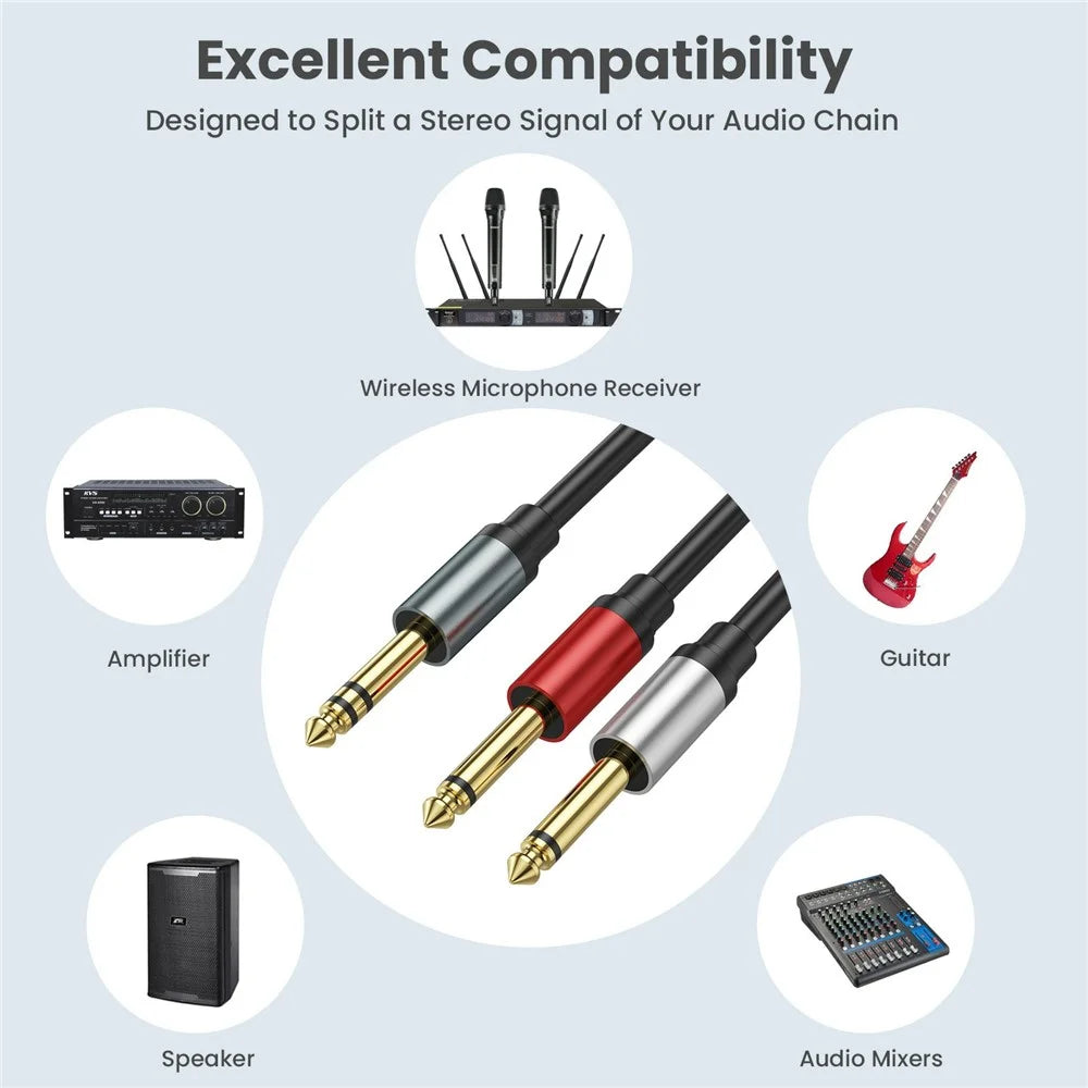 3m 1 / 4 Inch TRS Stereo Y-Splitter Cord 6.35mm Male Jack to Dual 6.35mm Male TS Mono Audio Cable - 6