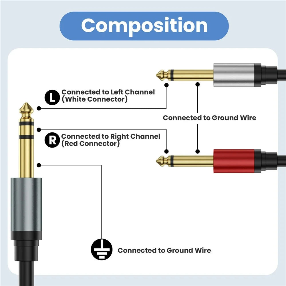 0.3m 1 / 4 Inch TRS Stereo Y-Splitter Cord 6.35mm Male Jack to Dual 6.35mm Male TS Mono Audio Cable - 3