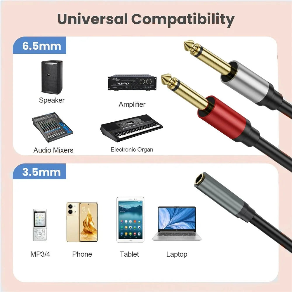 0.3m 6.35mm Stereo Female TRS to Dual 1 / 4 Inch Male Mono Y Splitter Breakout Cable Patch Cord - 5