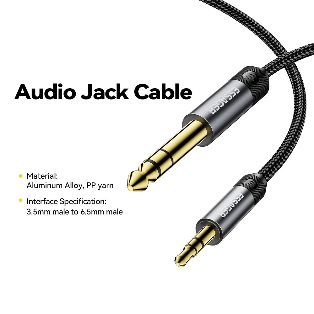 ESSAGER 2m HD Sound Braided Cord 3.5mm Male to 6.5mm Male Audio Adapter Cable with Gold Plated Connector - Grey - 3