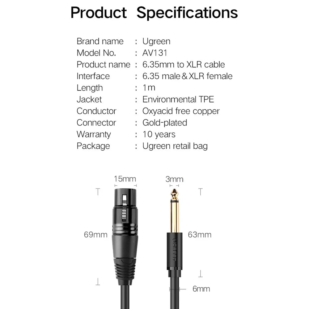UGREEN 1m 6.35mm TRS Male to Cannon XLR Female Audio Cable for Microphone Speakers Sound Consoles Amplifier - 6