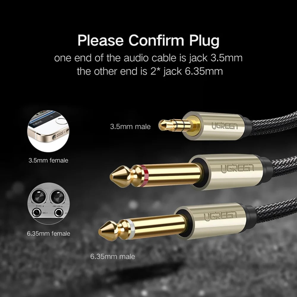 UGREEN 40794 5-Meter 3.5mm 1/8" TRS to Dual 6.35mm 1/4" TS Audio Adapter Y-Cable Splitter Cord for Cellphones/Amplifiers/Home Theater - 7