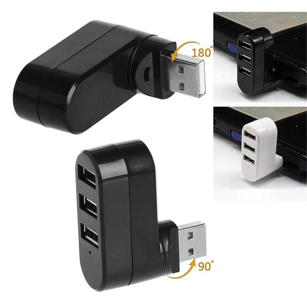 Universal Mini Rotatable 3 Port USB 3.0 Hub High Speed Data Transfer Adapter USB Expander - Black - 3