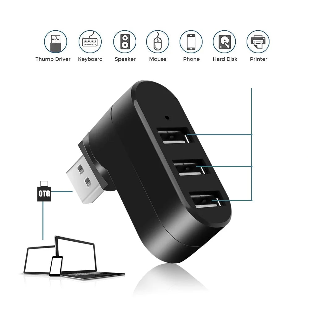 Universal Mini Rotatable 3 Port USB 3.0 Hub High Speed Data Transfer Adapter USB Expander - Black - 4