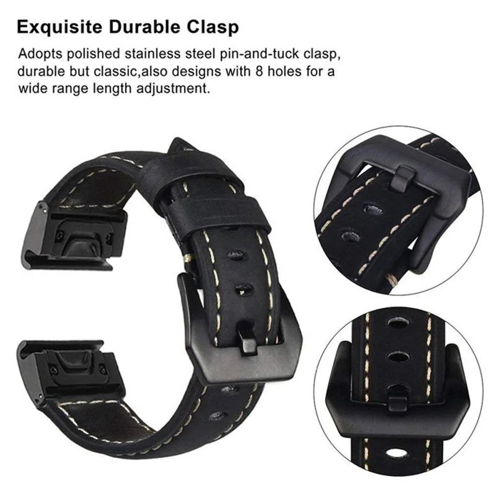 Genuine Leather Watchband Replacement Strap for Garmin MARQ Series/Fenix5/5X/5S/Forerunner945/Approach S60 - Black - 6
