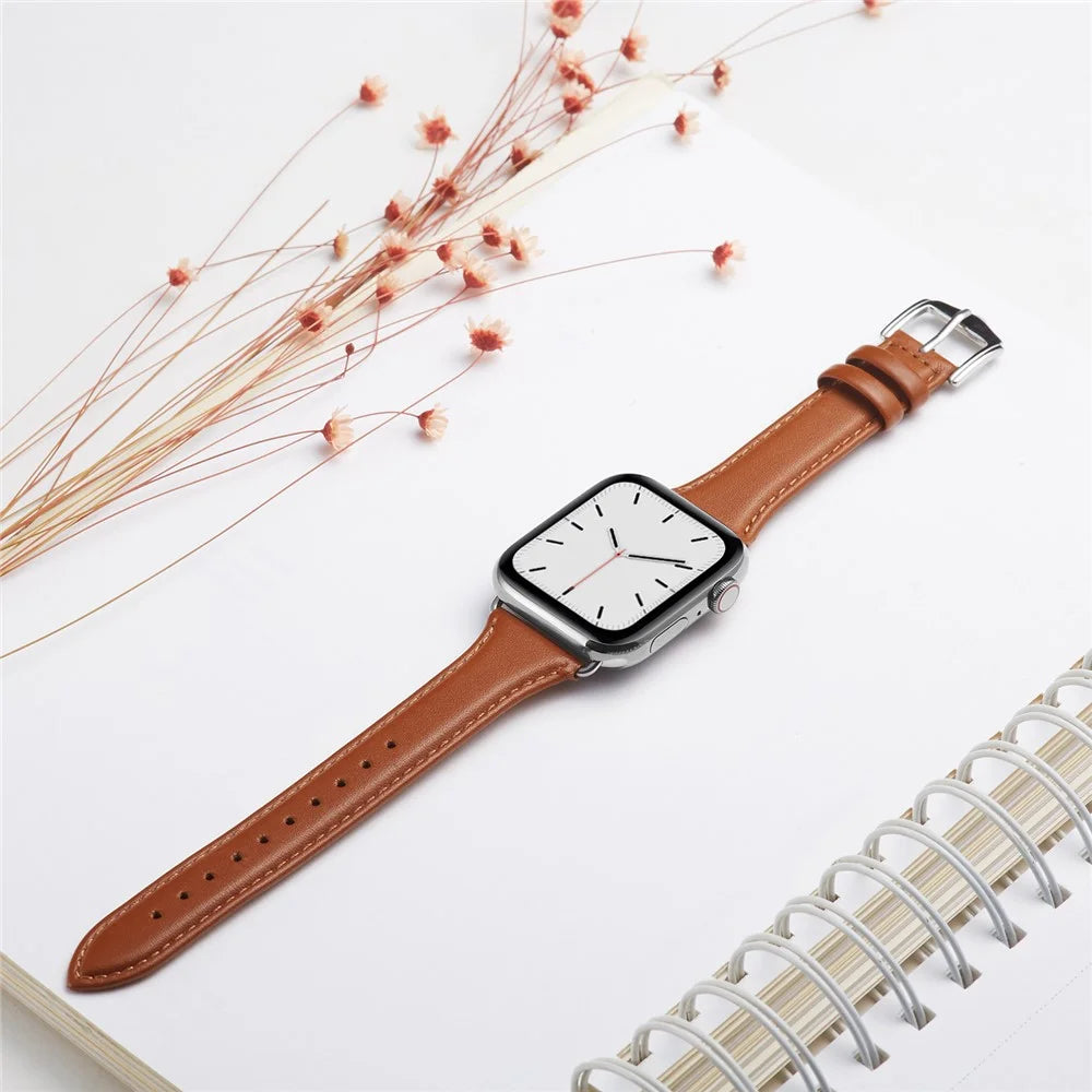 Genuine Leather Smart Watch Band Strap Replacement for Apple Watch Ultra 3 2 1 49mm / Series 11 10 46mm / 9 8 7 45mm / SE3 SE2 SE 6 5 4 44mm / 3 2 1 42mm - Brown - 5