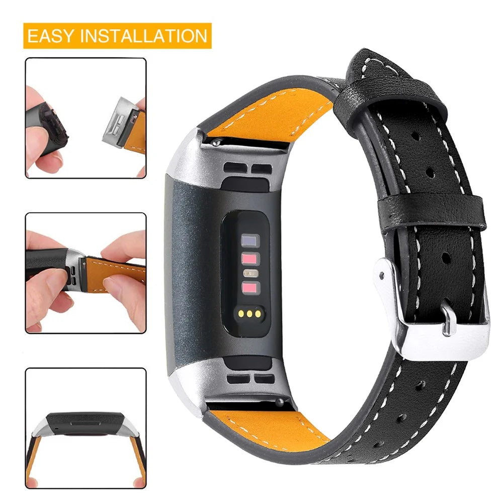 For Fitbit Charge 4/3 Watch Strap Genuine Leather Smart Watch Band Replacement - Black - 2